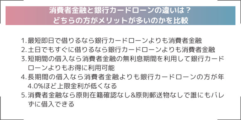 消費者金融と銀行カードローンの違いは？どちらの方がメリットが多いのかを比較