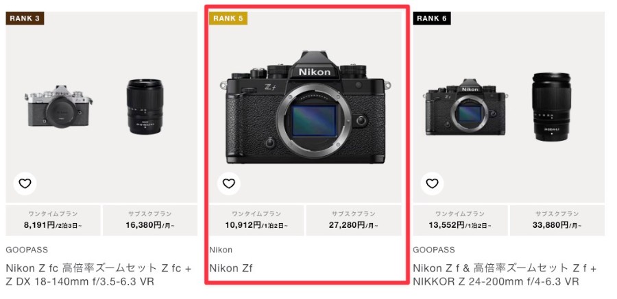 CAMERA RENTでレンタル中だった「Nikon（ニコン）Z f ボディ」はGOOPASSでレンタル可能